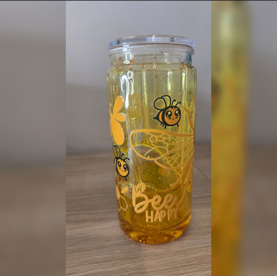 Pre made 16oz Acrylic Snowglobe Tumbler with "BEE HAPPY" Wrap & Honey drip add on 🐝✨️