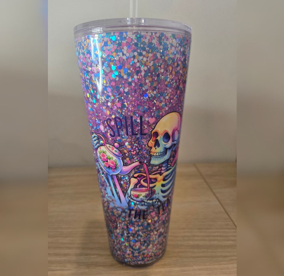 "SPILL THE TEA" Pre made 24oz Acrylic Snowglobe Stadium Cup