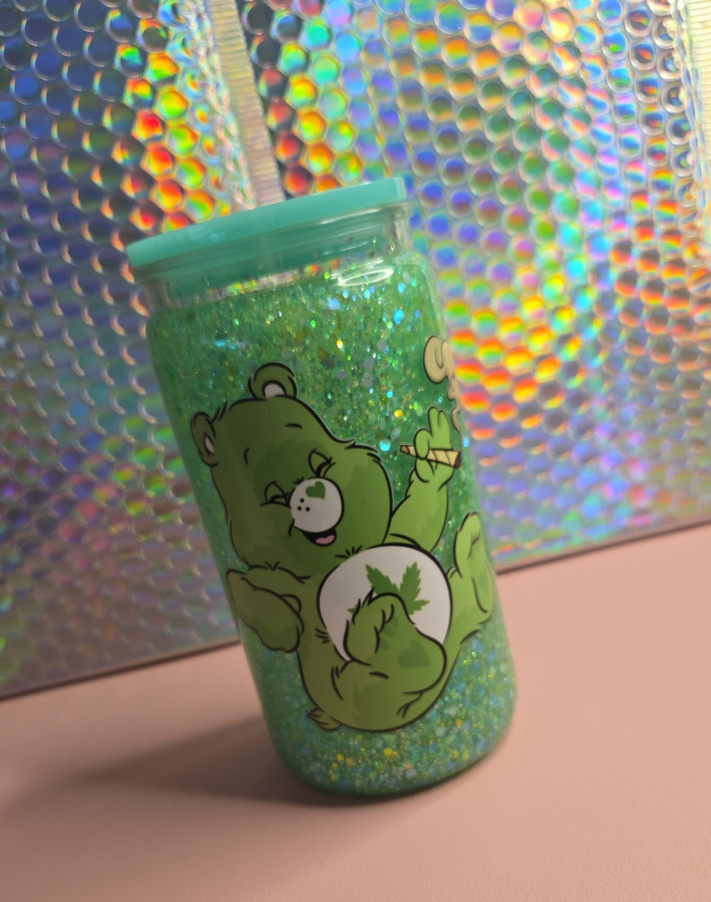 Pre made 16oz Acrylic Snowglobe Tumbler with Green Carebear 💚