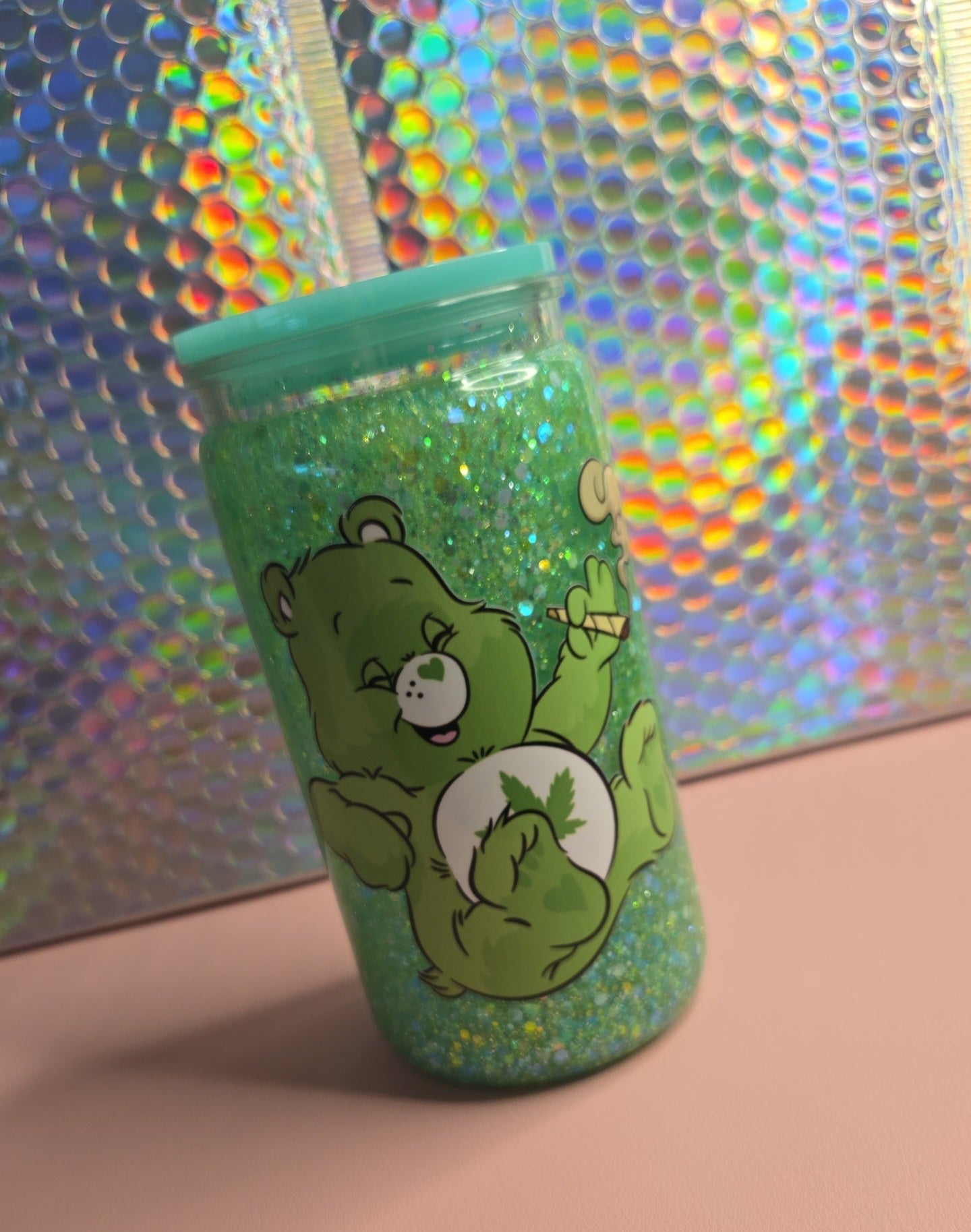 Pre made 16oz Acrylic Snowglobe Tumbler with Green Carebear 💚